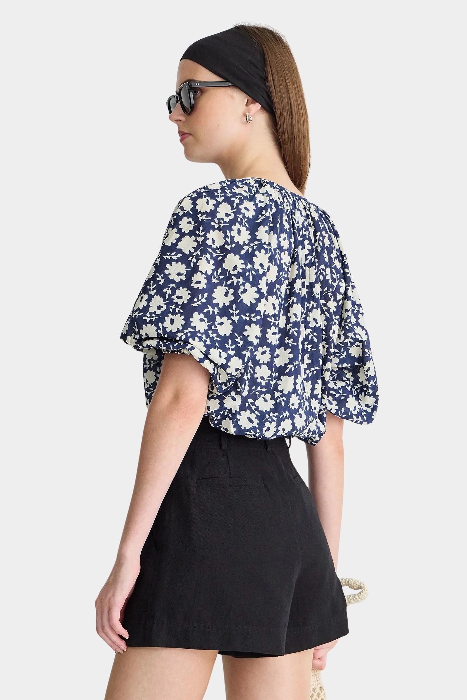 Navy floral blouse back view lantern sleeves gathered neckline organic cotton voile relaxed fit top
