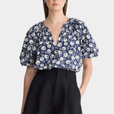 Navy floral lantern sleeve blouse front view organic cotton voile gathered neckline short sleeve relaxed fit top