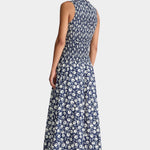 Midnight navy maxi dress back view sleeveless smocked bodice organic cotton A-line silhouette full length