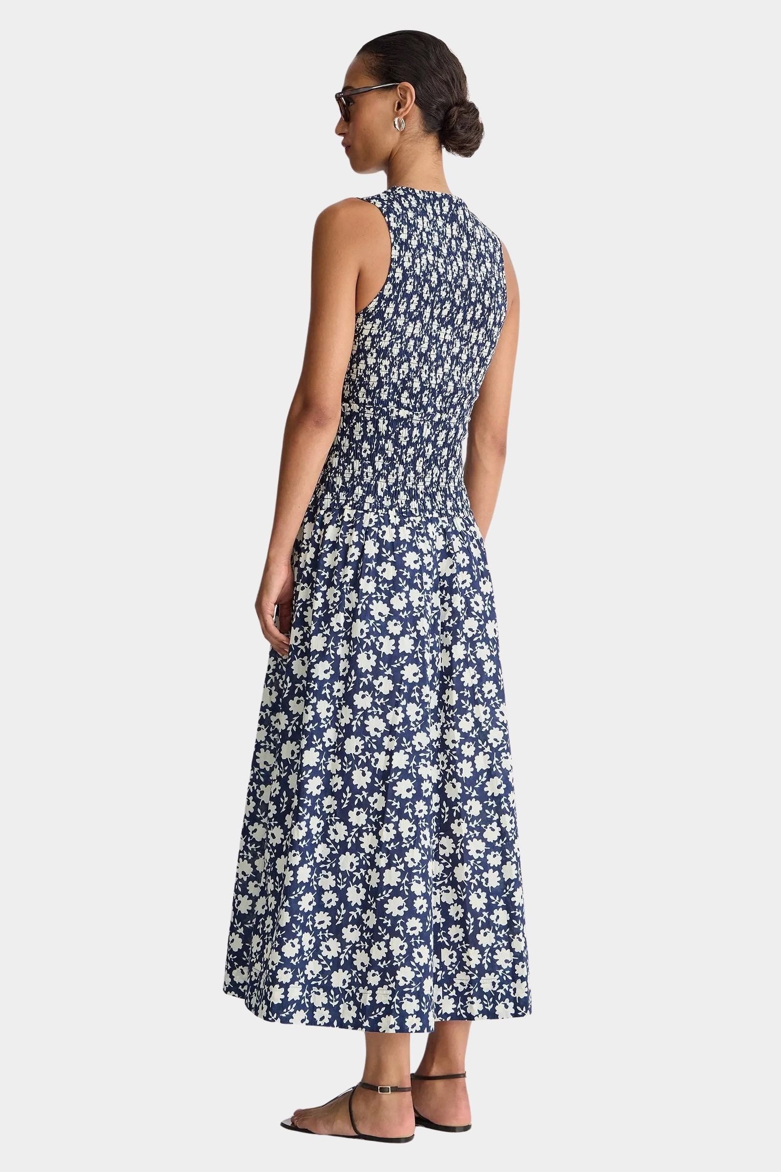 Midnight navy maxi dress back view sleeveless smocked bodice organic cotton A-line silhouette full length