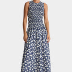 Midnight navy maxi dress full length front view sleeveless smocked waist organic cotton A-line skirt minimal silhouette