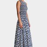 Midnight navy smocked maxi dress side view sleeveless crew neckline lightweight cotton flowy A-line skirt