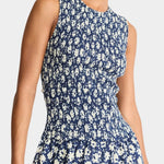 Midnight navy smocked bodice maxi dress sleeveless crew neck organic cotton A-line silhouette full length front view