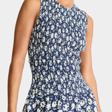 Midnight navy smocked bodice maxi dress sleeveless crew neck organic cotton A-line silhouette full length front view