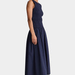 Midnight navy smocked maxi dress side view sleeveless crew neckline lightweight cotton flowy A-line skirt