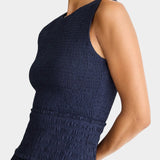 Midnight navy maxi dress back view sleeveless smocked bodice organic cotton A-line silhouette full length