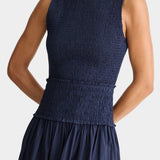 Midnight navy maxi dress full length front view sleeveless smocked waist organic cotton A-line skirt minimal silhouette