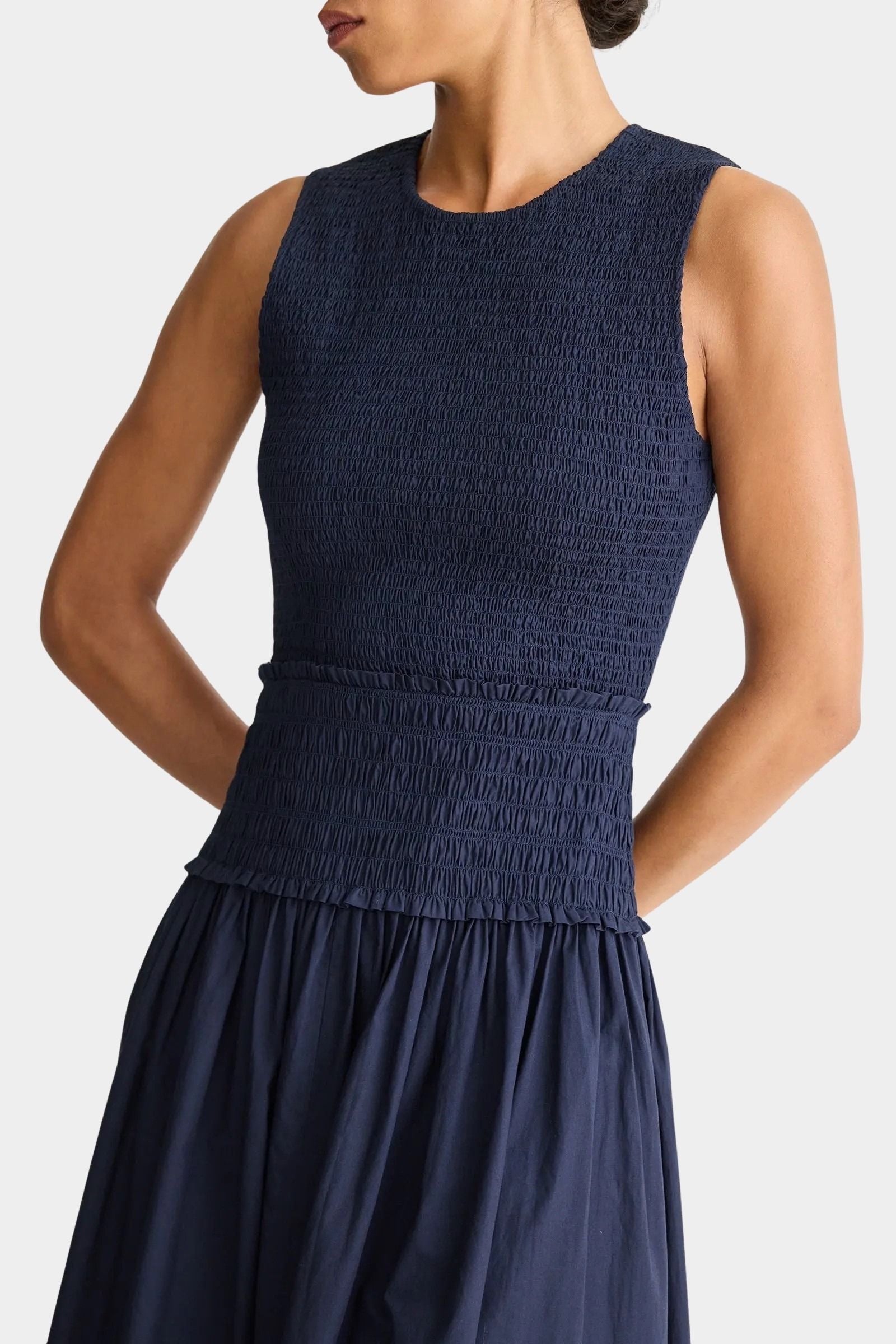 Midnight navy maxi dress full length front view sleeveless smocked waist organic cotton A-line skirt minimal silhouette