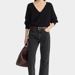 Apiece Apart Softest Silk Cashmere V Neck Black sweater with jeans at YUCCA Denver
