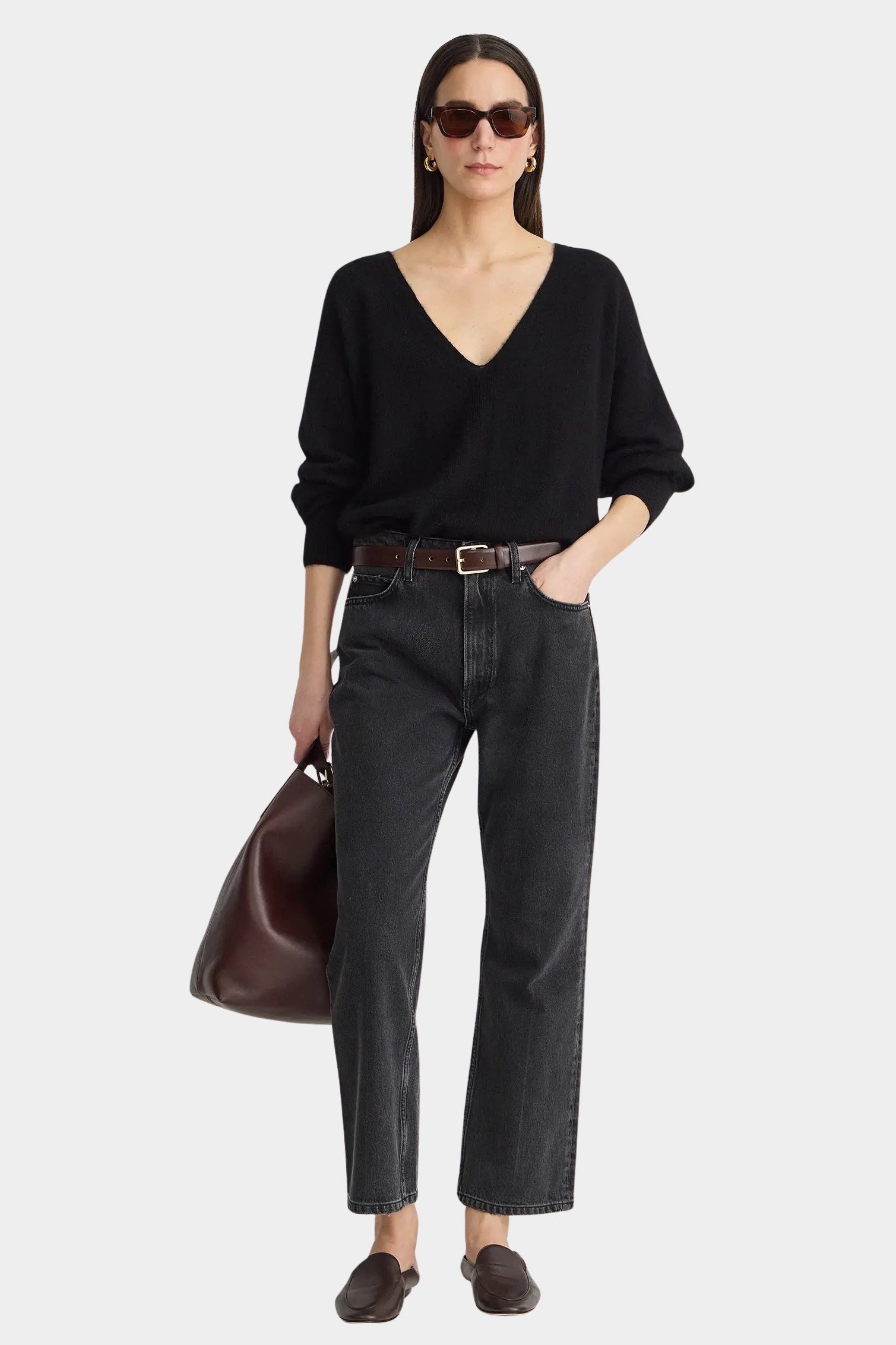 Apiece Apart Softest Silk Cashmere V Neck Black sweater with jeans at YUCCA Denver