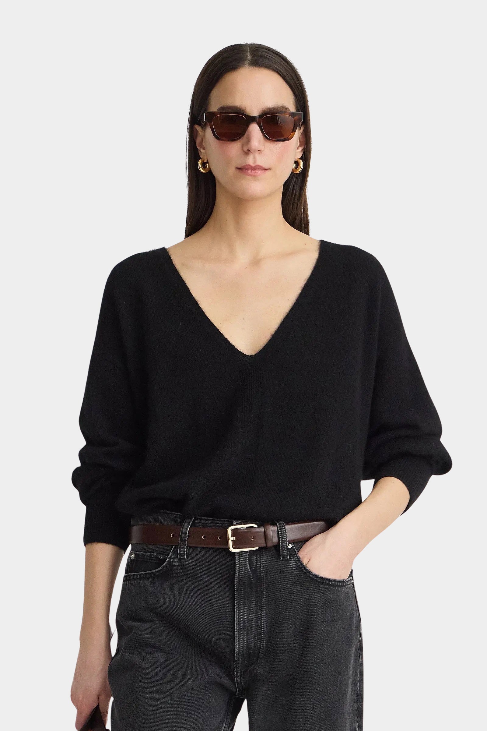 Apiece Apart Softest Silk Cashmere V Neck Black sweater deep neckline detail