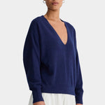 Apiece Apart silk cashmere V neck sweater eclipse relaxed luxury knit side view
