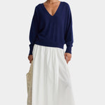 Apiece Apart silk cashmere V neck sweater eclipse blue designer knit front view