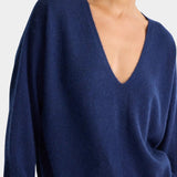 Apiece Apart silk cashmere V neck sweater eclipse blue soft luxury knit close up