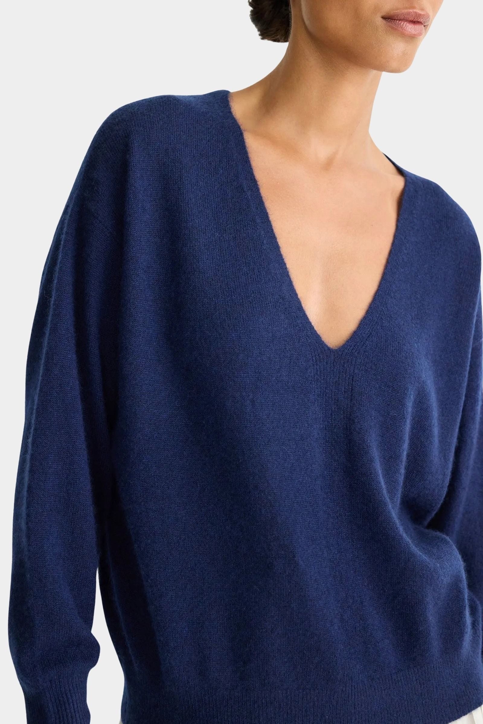 Apiece Apart silk cashmere V neck sweater eclipse blue soft luxury knit close up