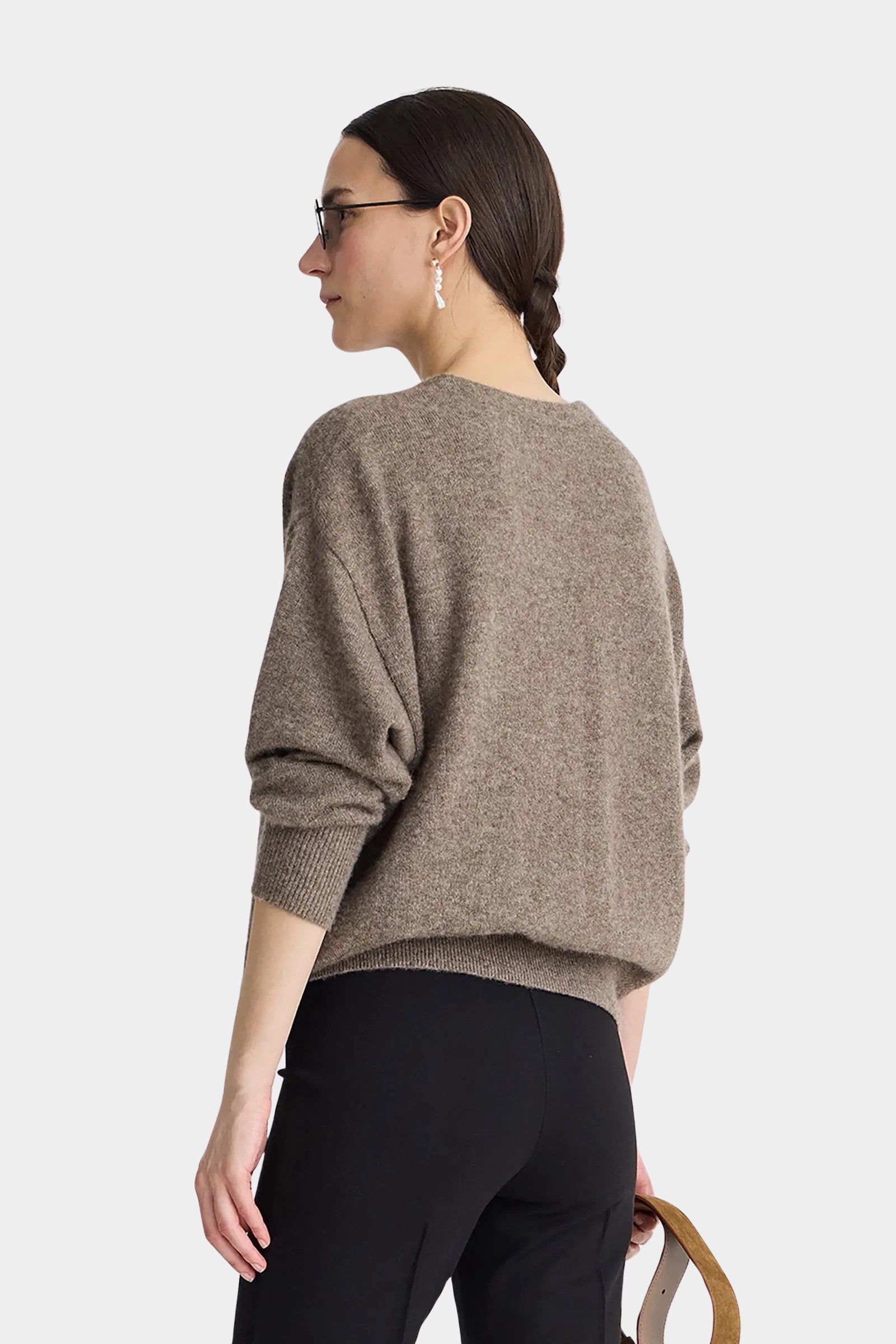 Apiece Apart Softest Silk Cashmere V Neck Hazelnut sweater relaxed back view