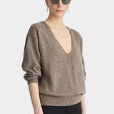 Apiece Apart Softest Silk Cashmere V Neck Hazelnut sweater side view with black trousers