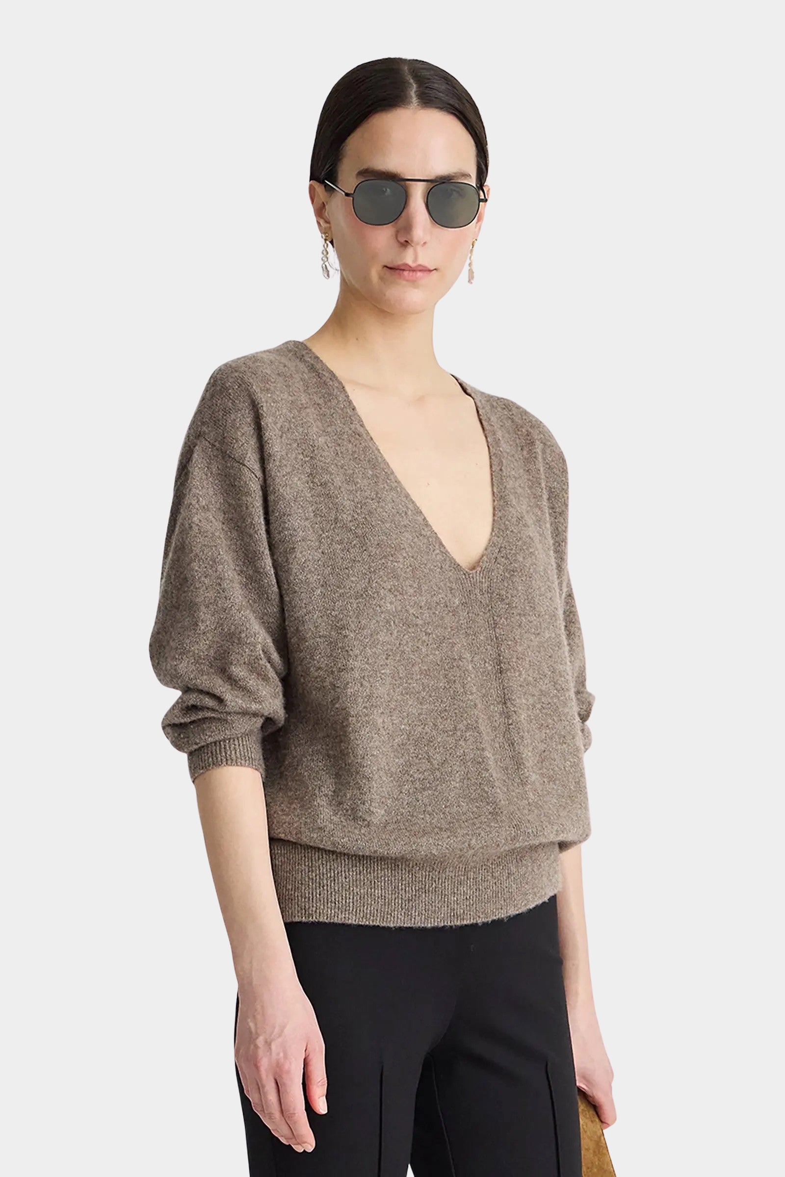 Apiece Apart Softest Silk Cashmere V Neck Hazelnut sweater side view with black trousers