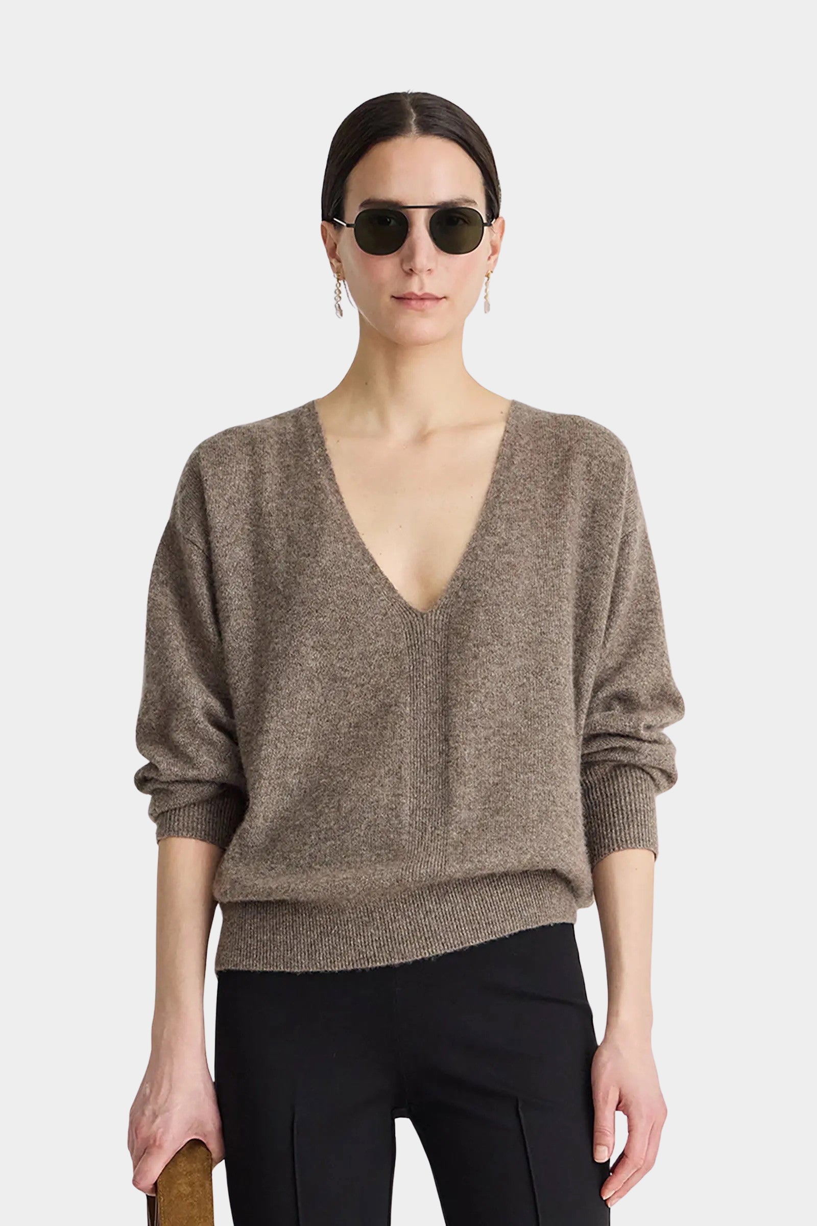 Apiece Apart Softest Silk Cashmere V Neck Hazelnut sweater deep neckline detail
