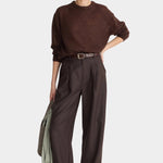 Apiece Apart Softest Tissue Weight Sweater Chocolate styled with wide leg trousers at YUCCA Denver