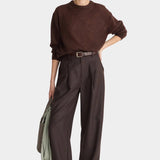 Apiece Apart Softest Tissue Weight Sweater Chocolate styled with wide leg trousers at YUCCA Denver