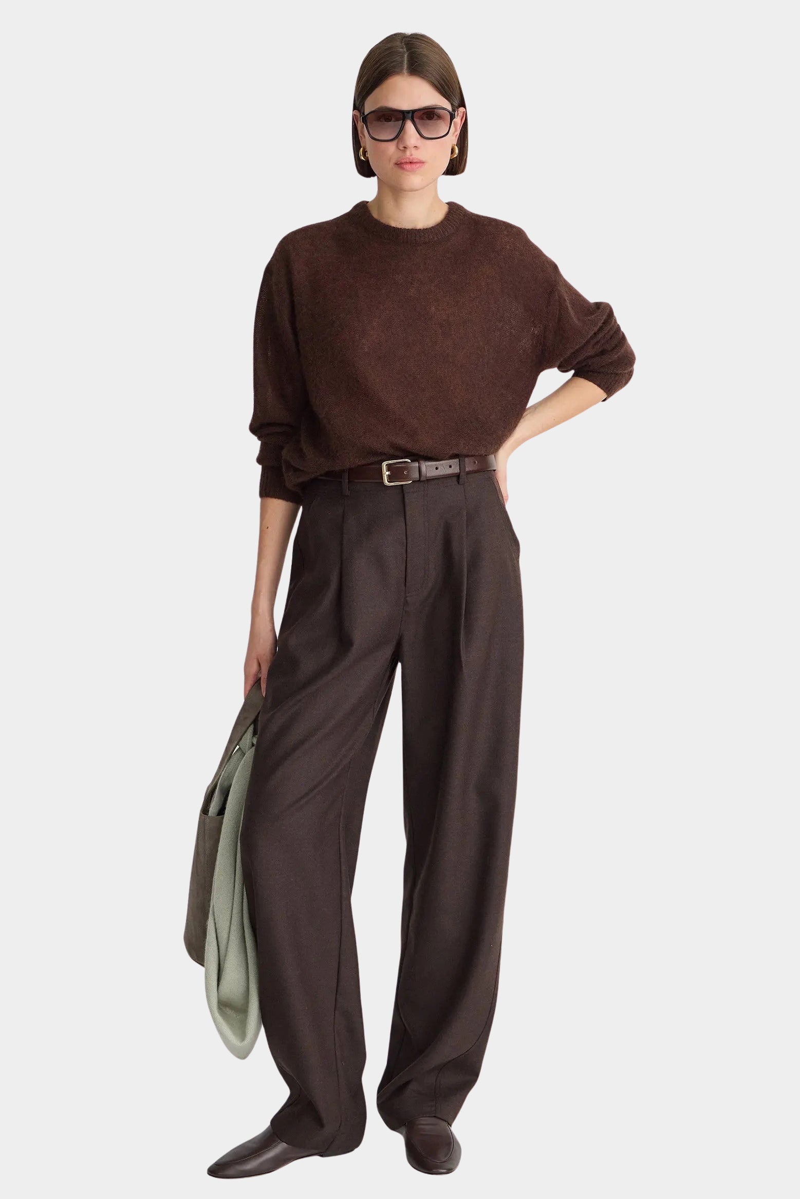 Apiece Apart Softest Tissue Weight Sweater Chocolate styled with wide leg trousers at YUCCA Denver
