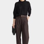 Apiece Apart Softest Tissue Weight Sweater Black styled with chocolate trousers at YUCCA Denver