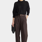 Apiece Apart Softest Tissue Weight Sweater Black styled with chocolate trousers at YUCCA Denver