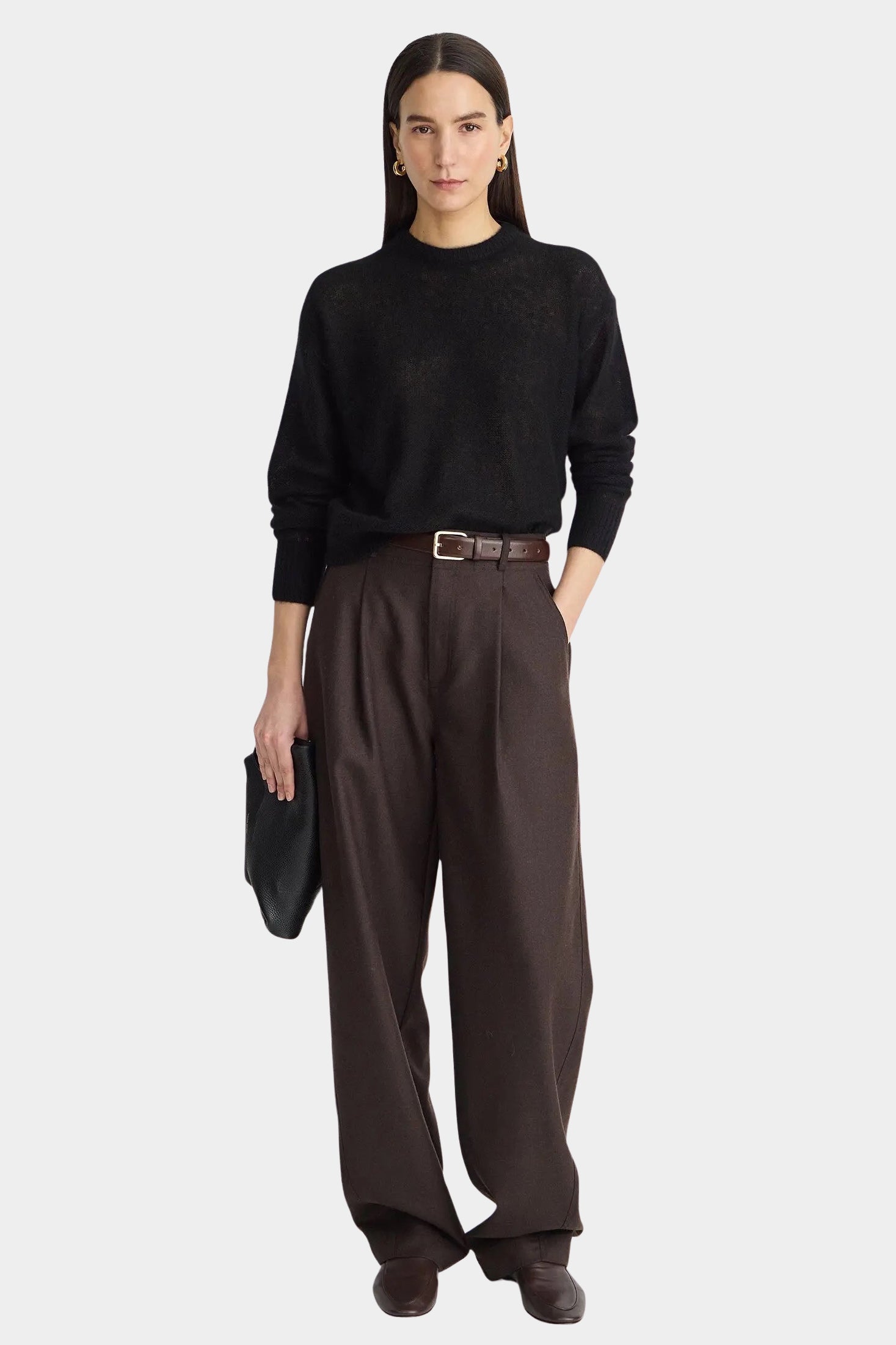 Apiece Apart Softest Tissue Weight Sweater Black styled with chocolate trousers at YUCCA Denver