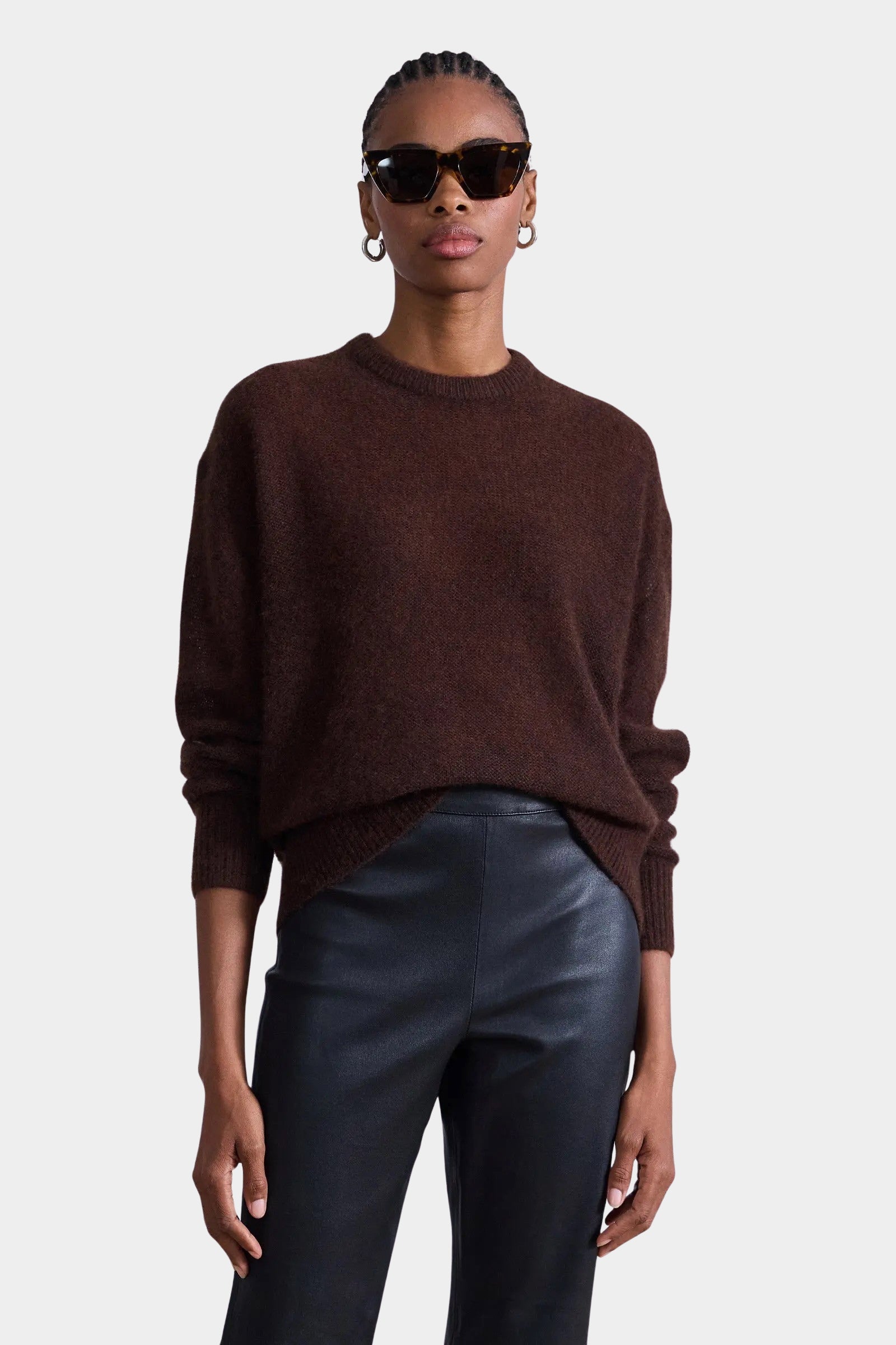 Apiece Apart Softest Tissue Weight Sweater Chocolate relaxed crewneck front view