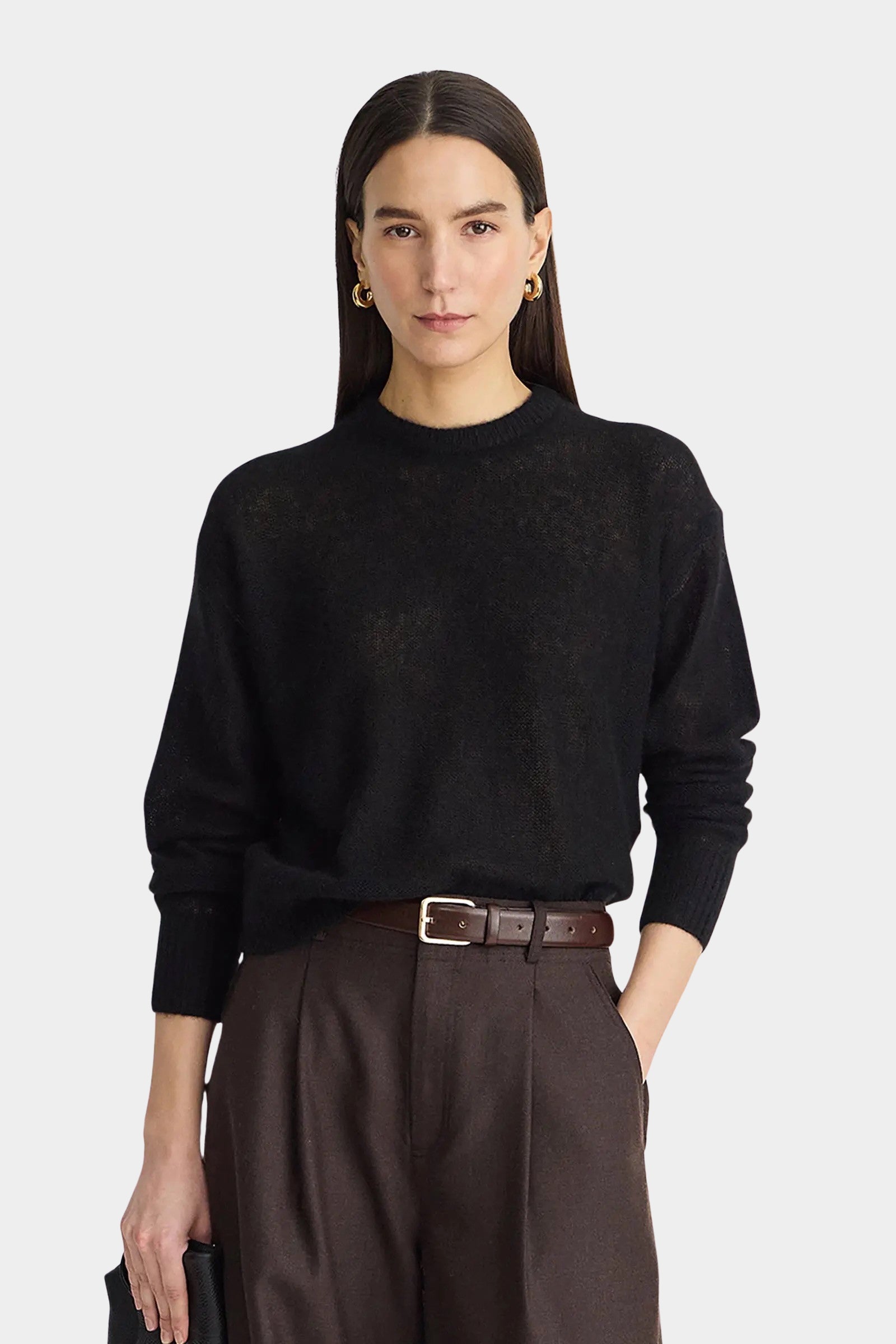 Apiece Apart Softest Tissue Weight Sweater Black relaxed crewneck front view