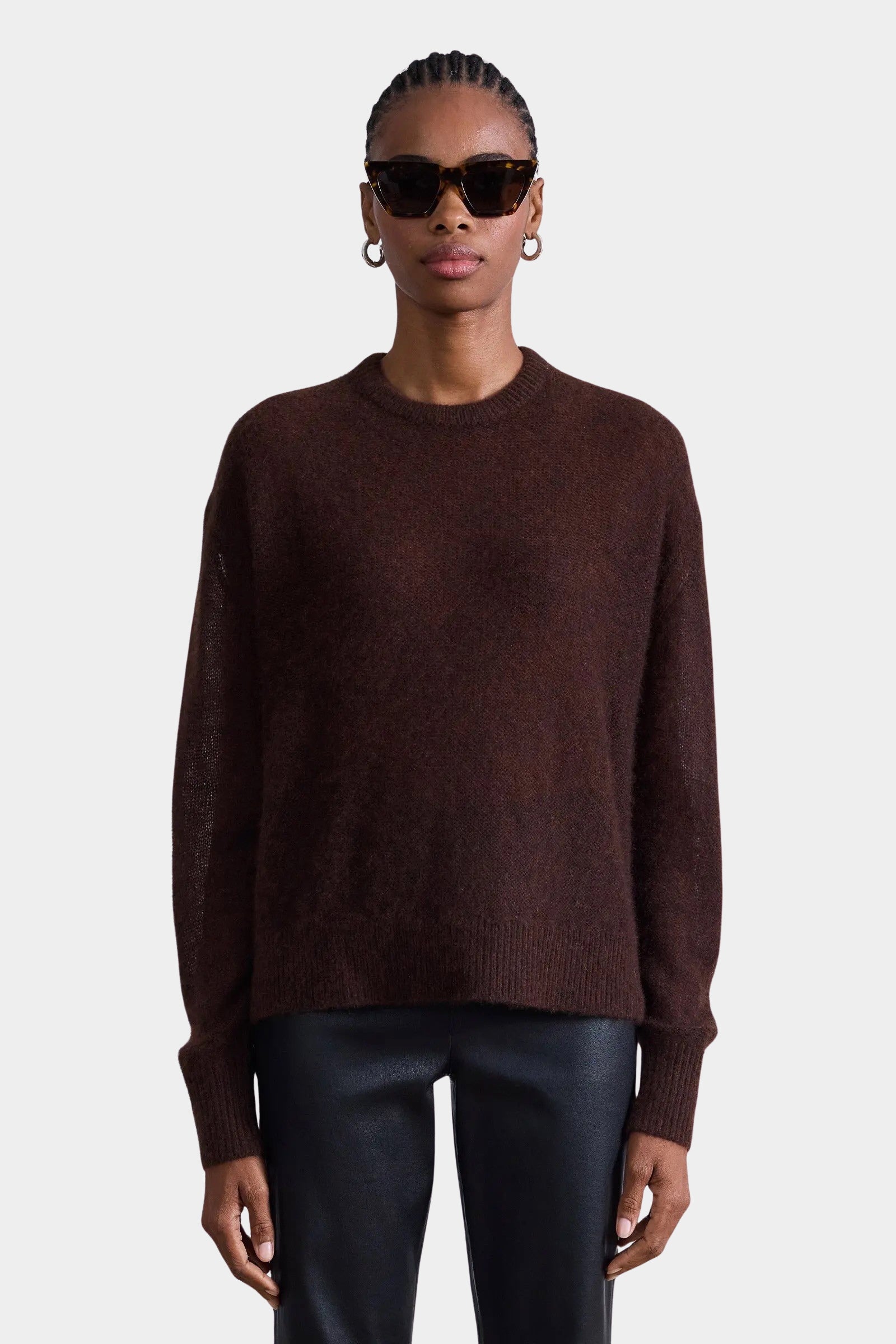Apiece Apart Softest Tissue Weight Sweater Chocolate tissue knit and ribbed neckline detail