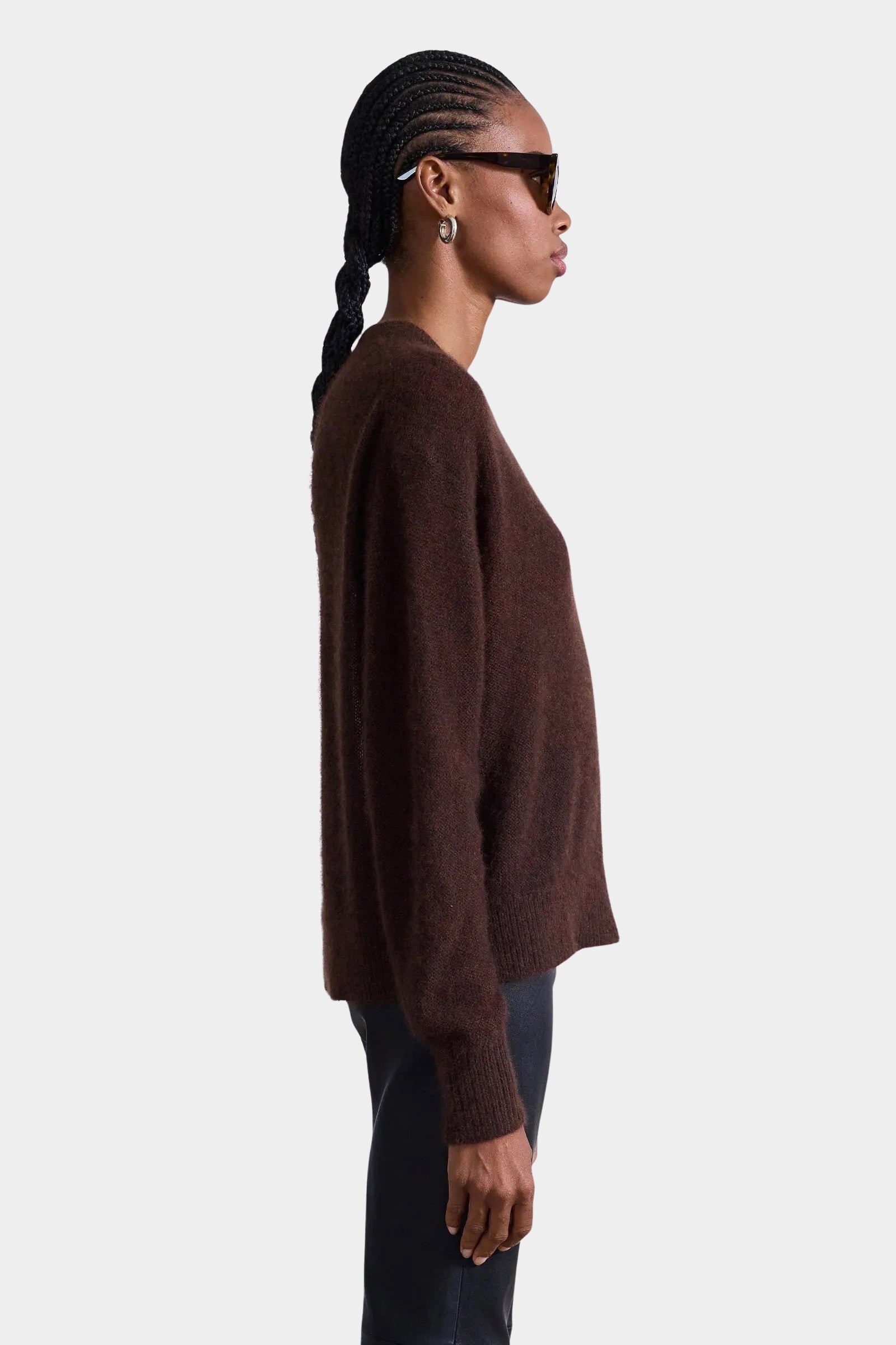 Apiece Apart Softest Tissue Weight Sweater Chocolate relaxed fit side view