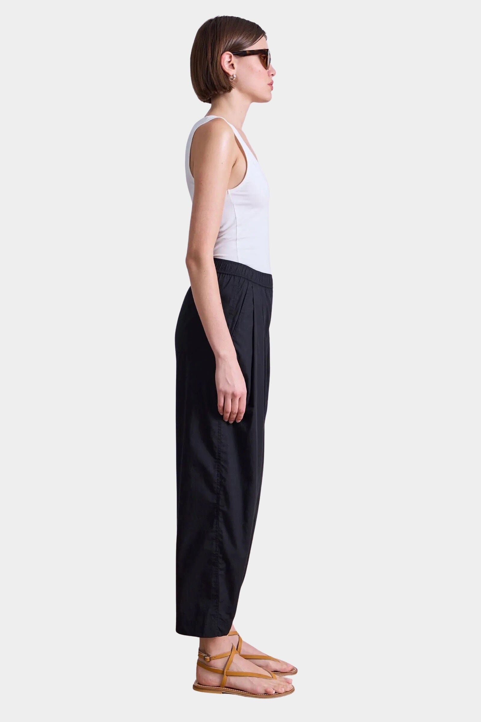 Apiece Apart Spa Pleat Pant black organic cotton barrel leg pleated trousers side view