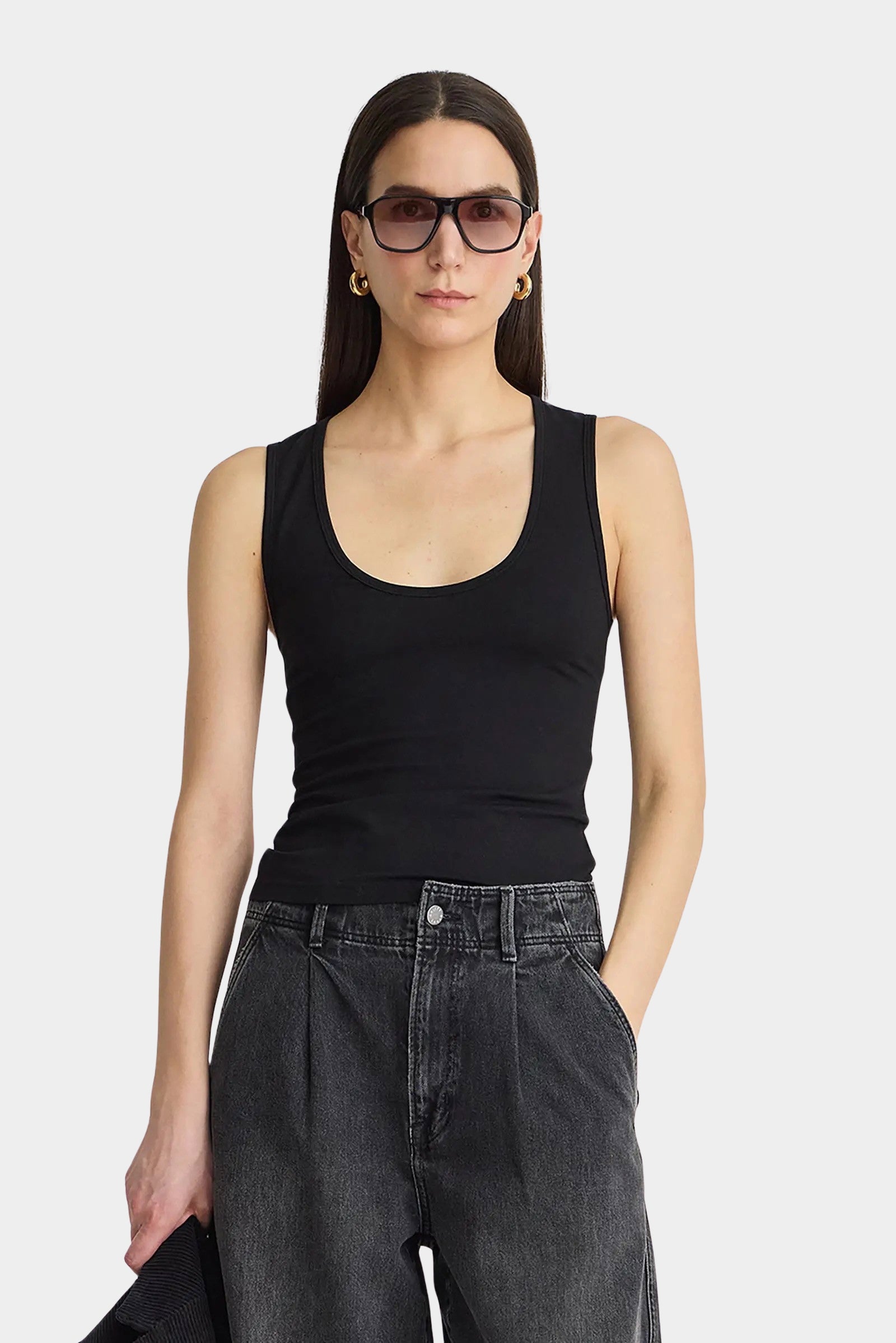 Apiece Apart Uri Low Cut Tank Black scoop neckline and close fit detail