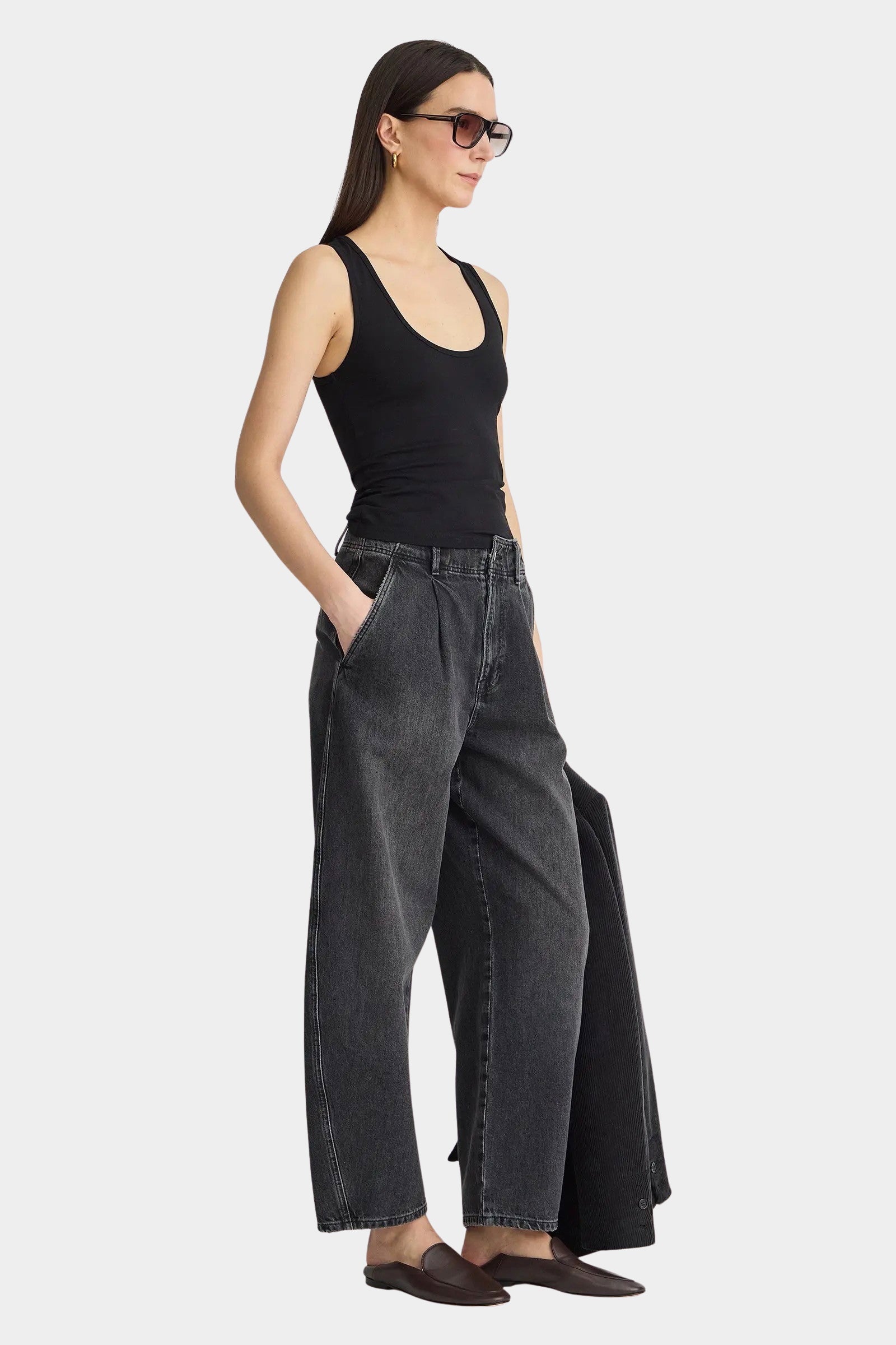 Apiece Apart Uri Low Cut Tank Black fitted scoop neck tank styled with wide leg jeans at YUCCA Denver
