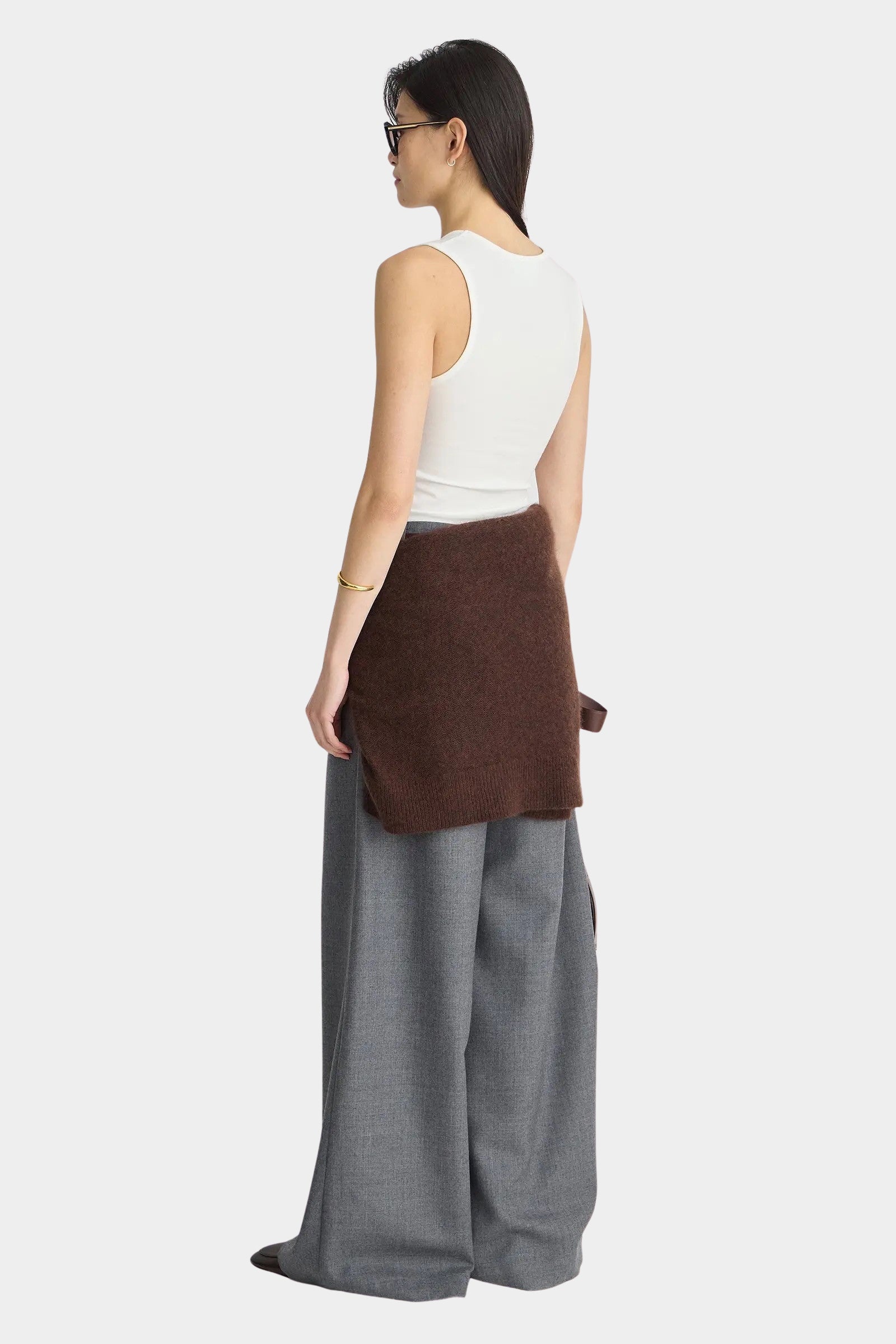 Apiece Apart Uri Low Cut Tank White fitted tank back view with wide leg trousers