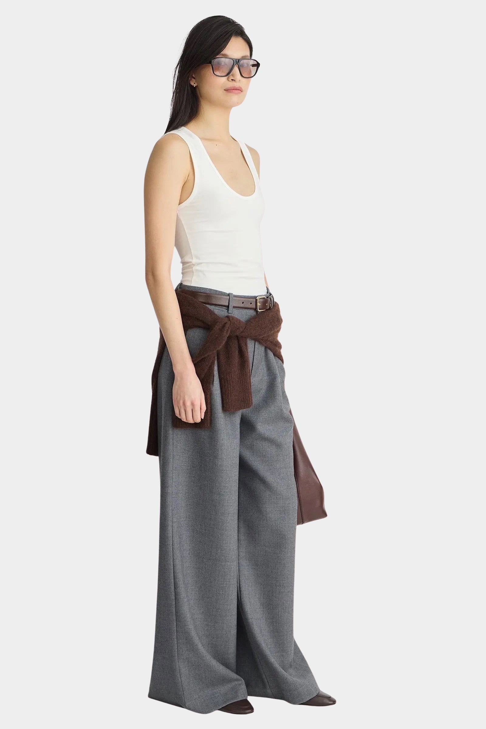 Apiece Apart Uri Low Cut Tank White side view styled with wide leg trousers