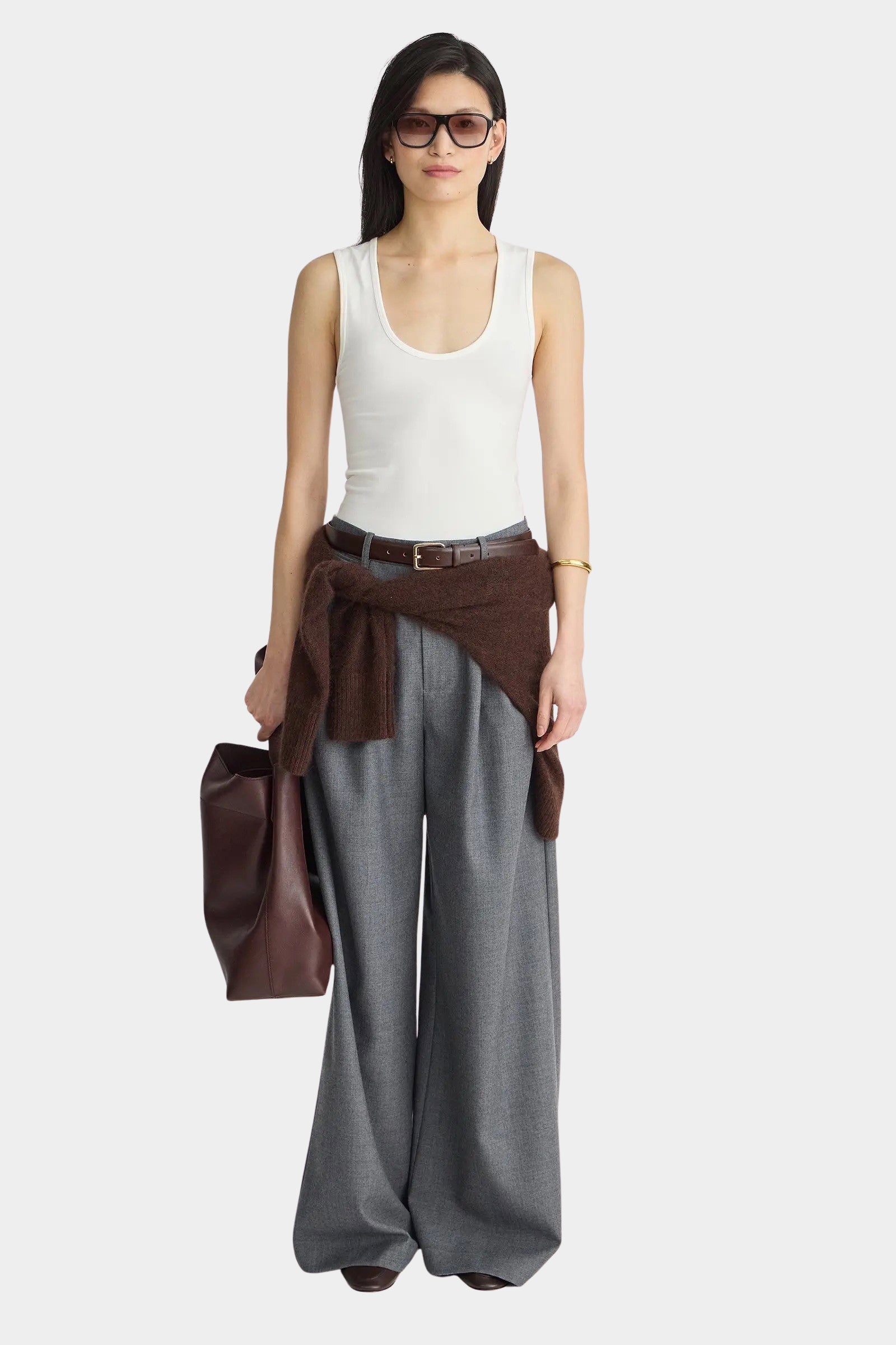 Apiece Apart Uri Low Cut Tank White fitted scoop neck tank styled with wide leg trousers at YUCCA Denver