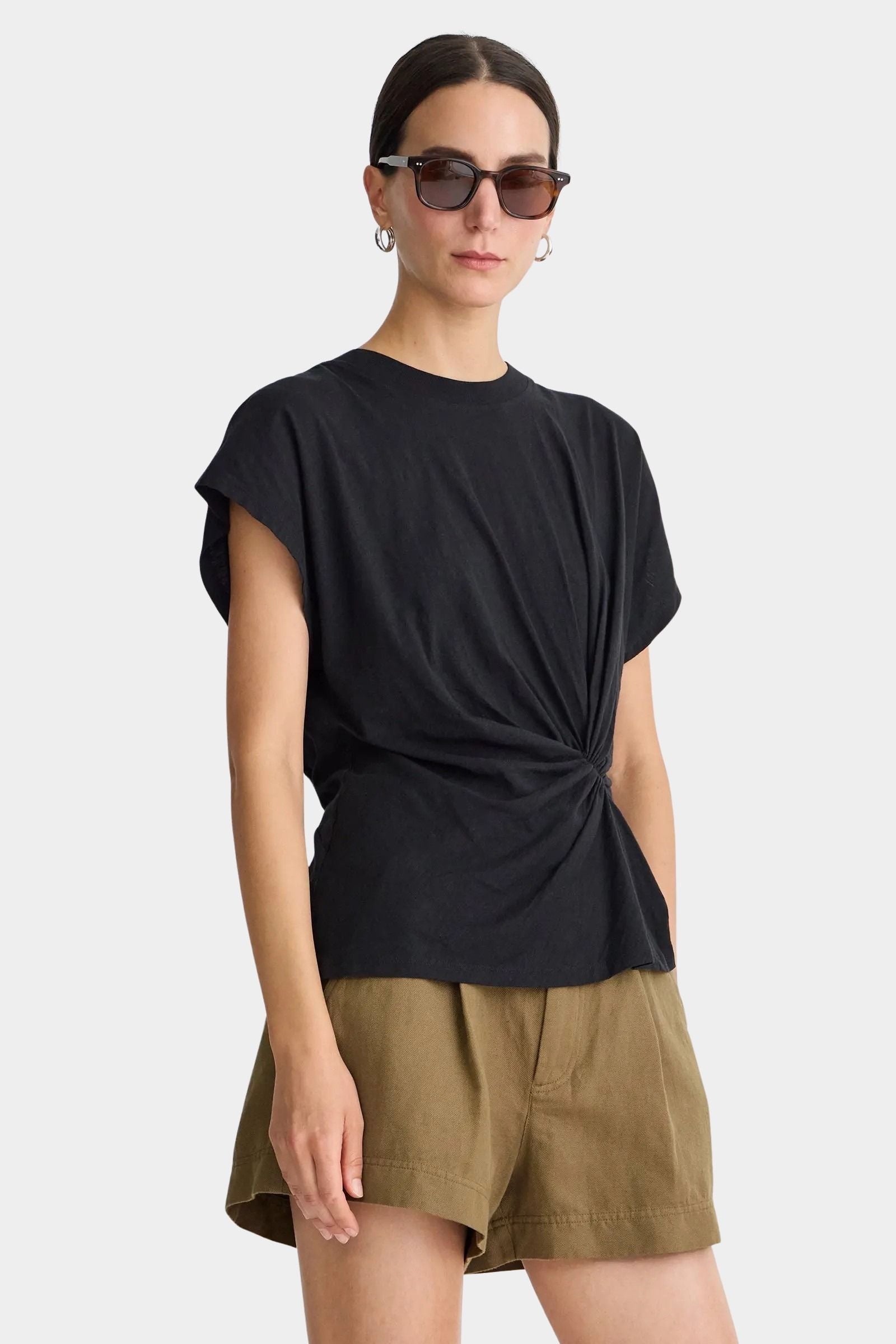 Apiece Apart Volta Twist Top black organic cotton sculptural twist waist designer tee