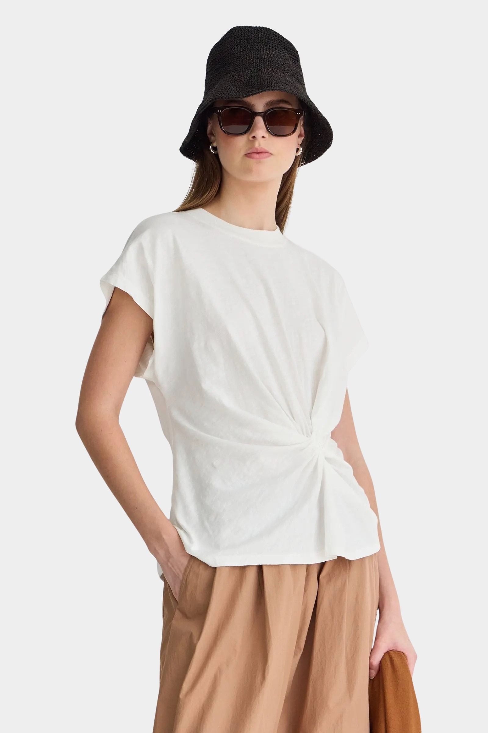 Apiece Apart Volta Twist Top cream organic cotton twist waist sculptural designer tee