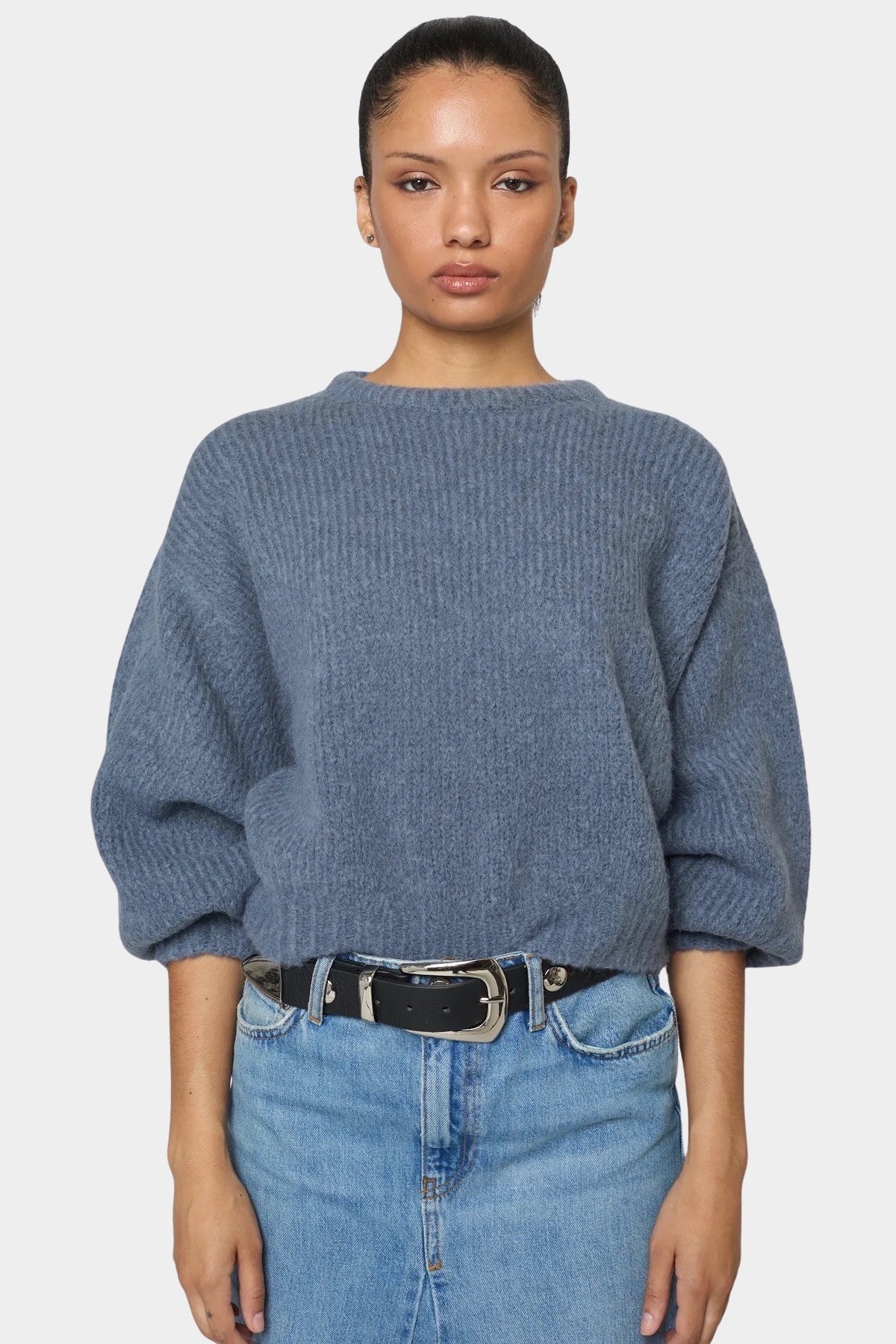 Atelier Delphine - Balloon Sleeve Sweater - Washed Denim - Sweaters & Knitwear - YUCCA, women's high quality sweaters.