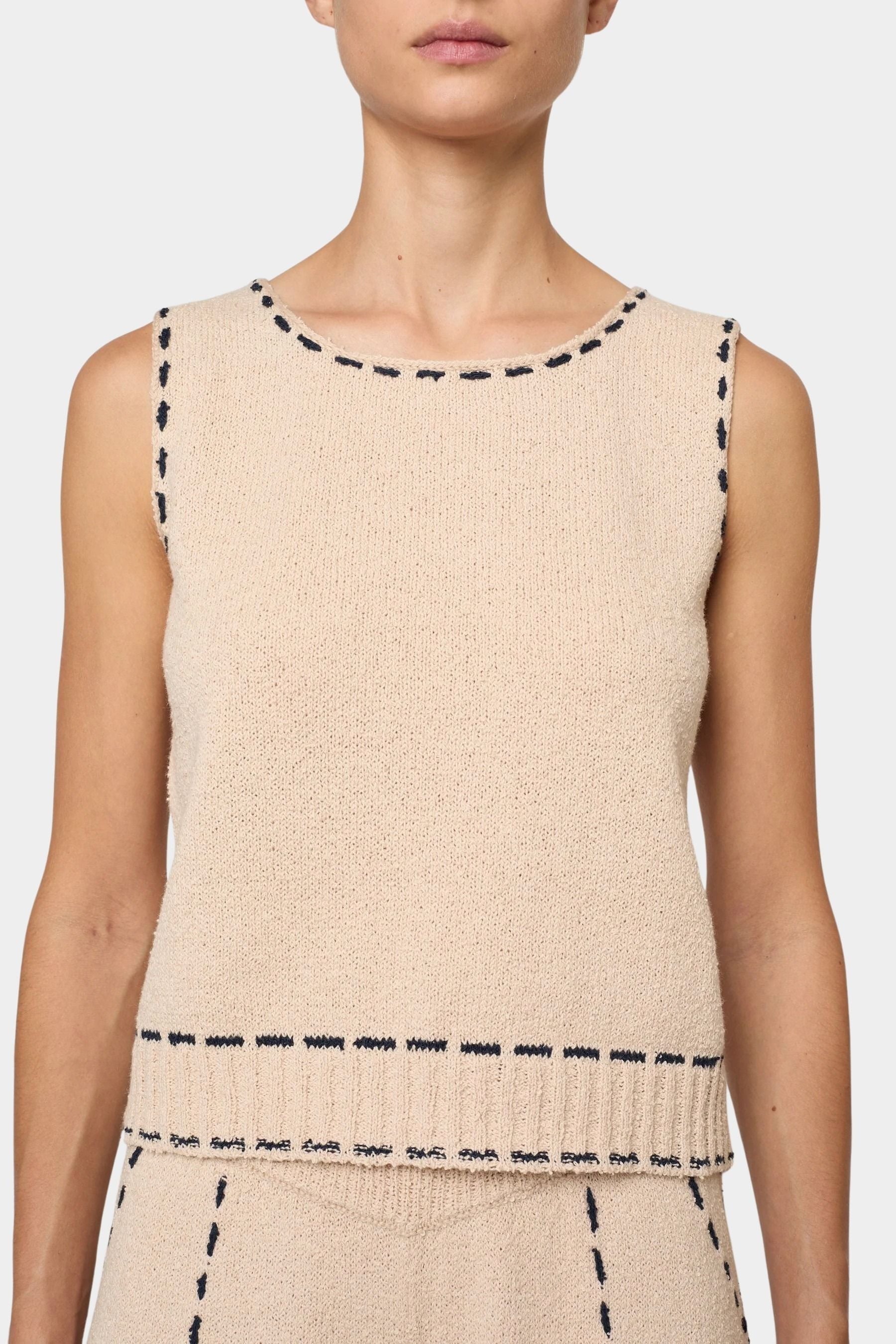 Atelier Delphine knit tank top in grain and navy with sleeveless fit and contrast stitch trim