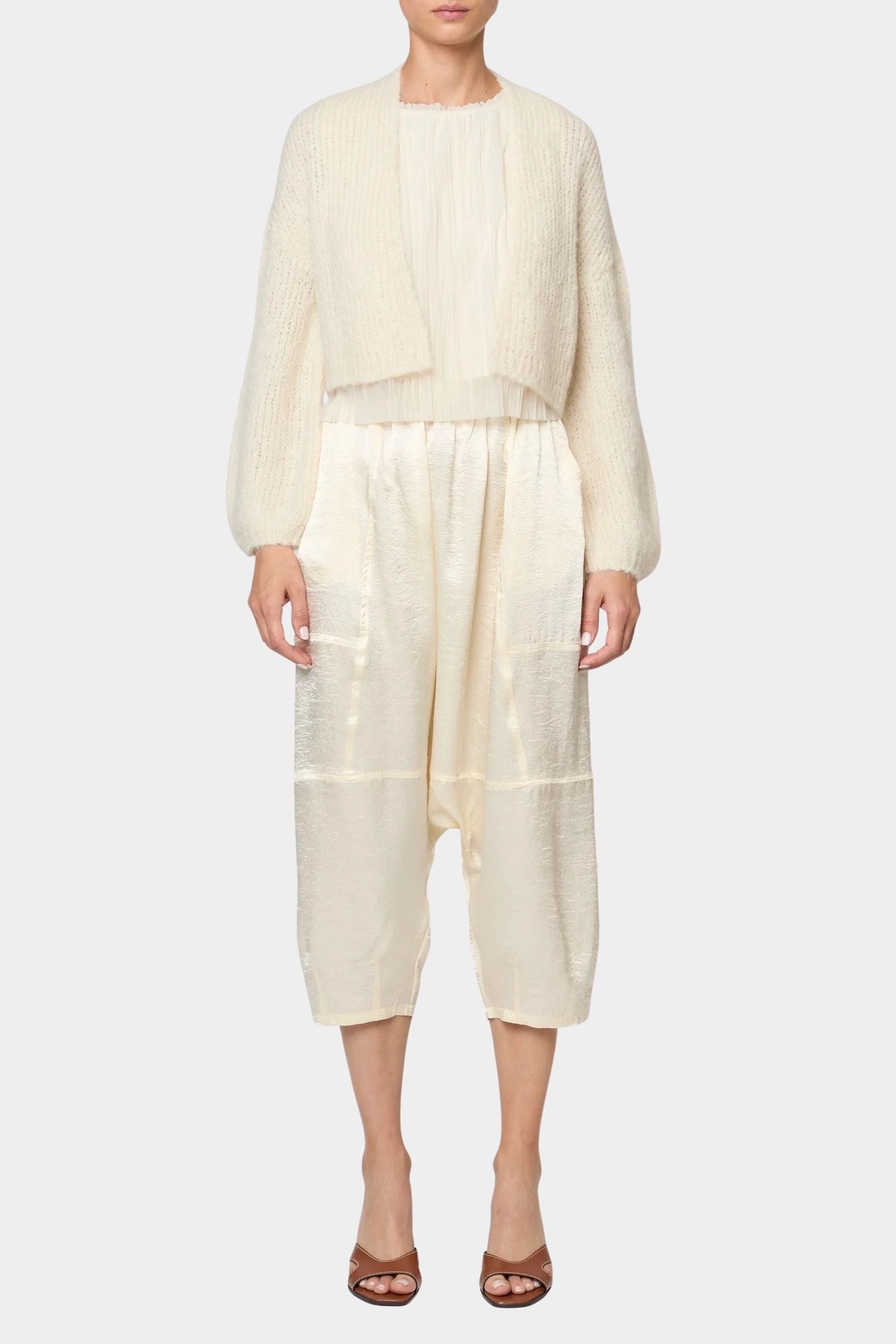 Atelier Delphine Super Crop Cora cardigan in cream full front view showing relaxed fit and soft open knit texture