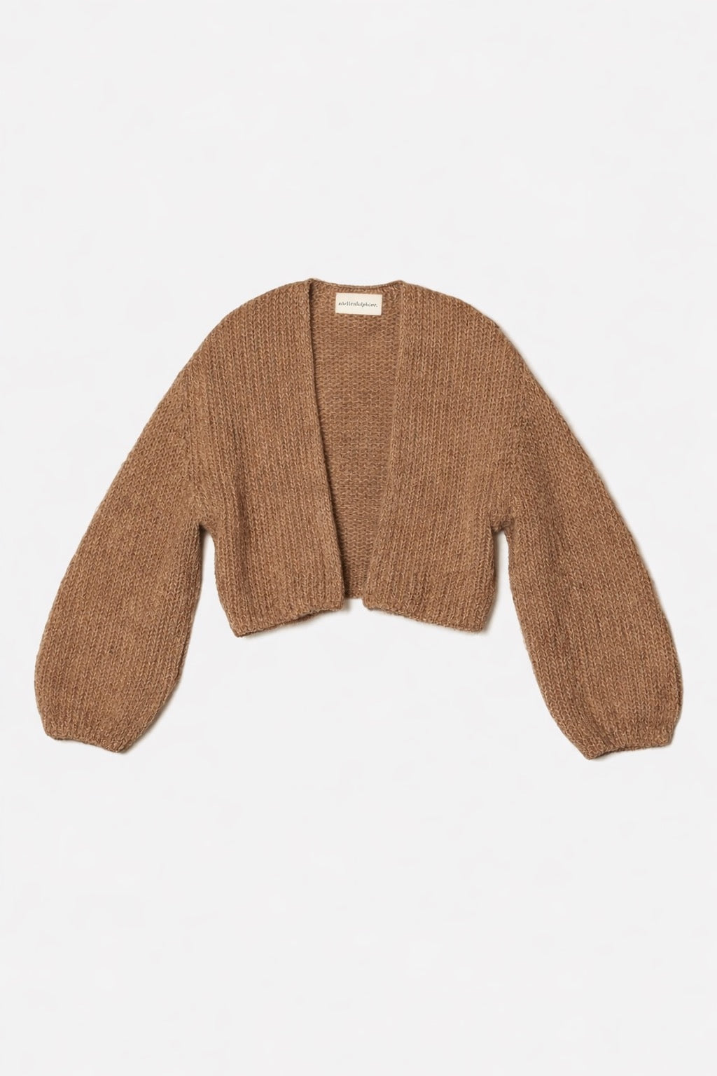 Atelier Delphine Super Crop Cora Cardigan in tan, cropped ribbed knit with open front and voluminous sleeves laid flat on white background