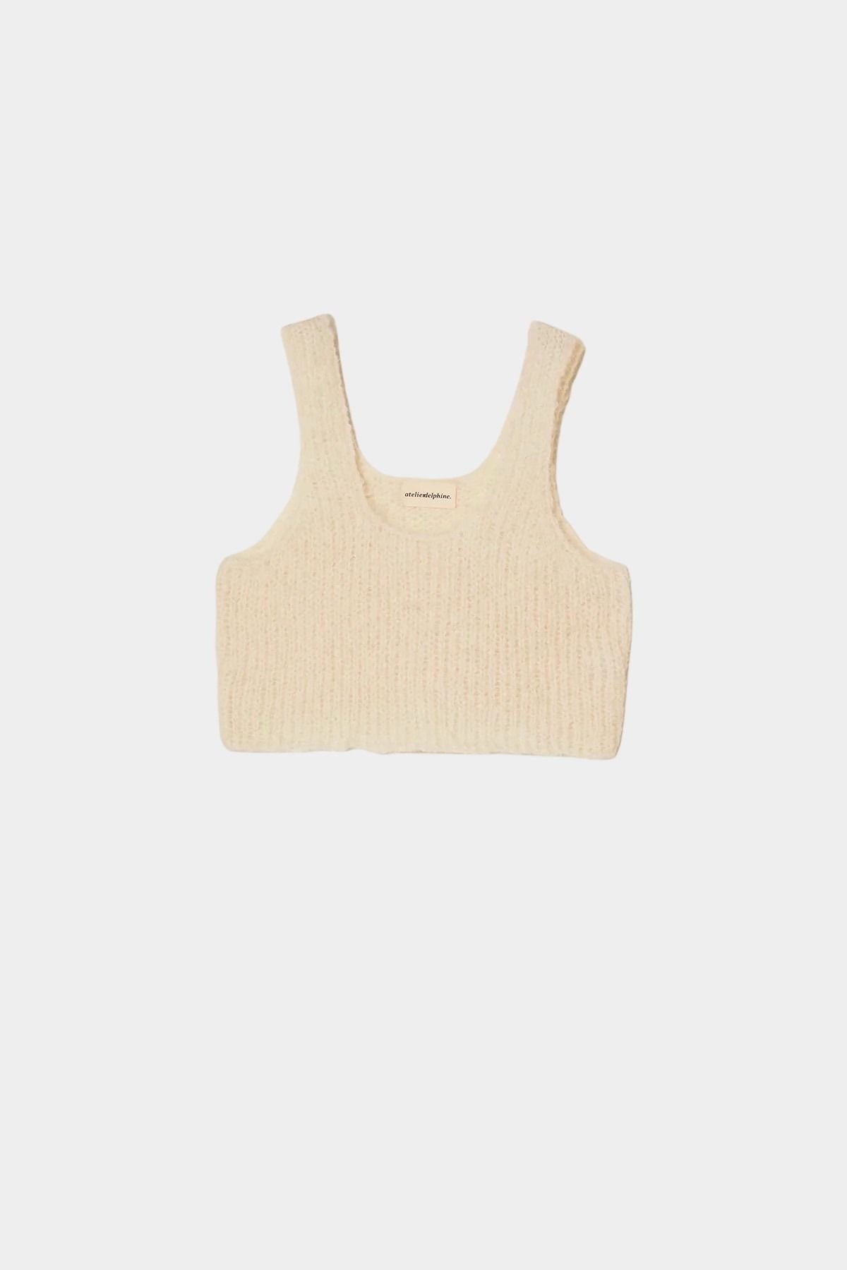 Atelier Delphine super crop sweater tank in cream flat lay showing cropped shape and textured knit