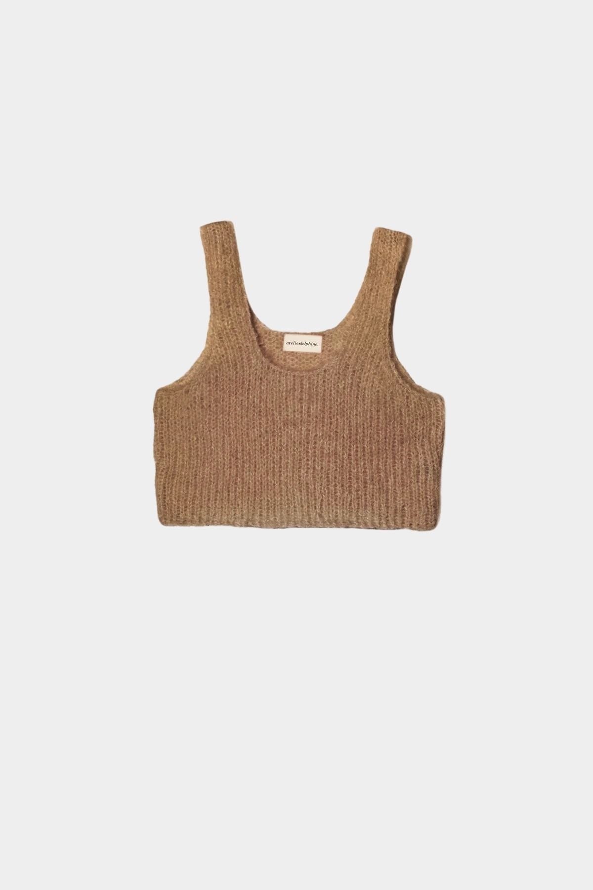 Atelier Delphine super crop sweater tank in tan flat lay showing cropped silhouette and fuzzy knit texture