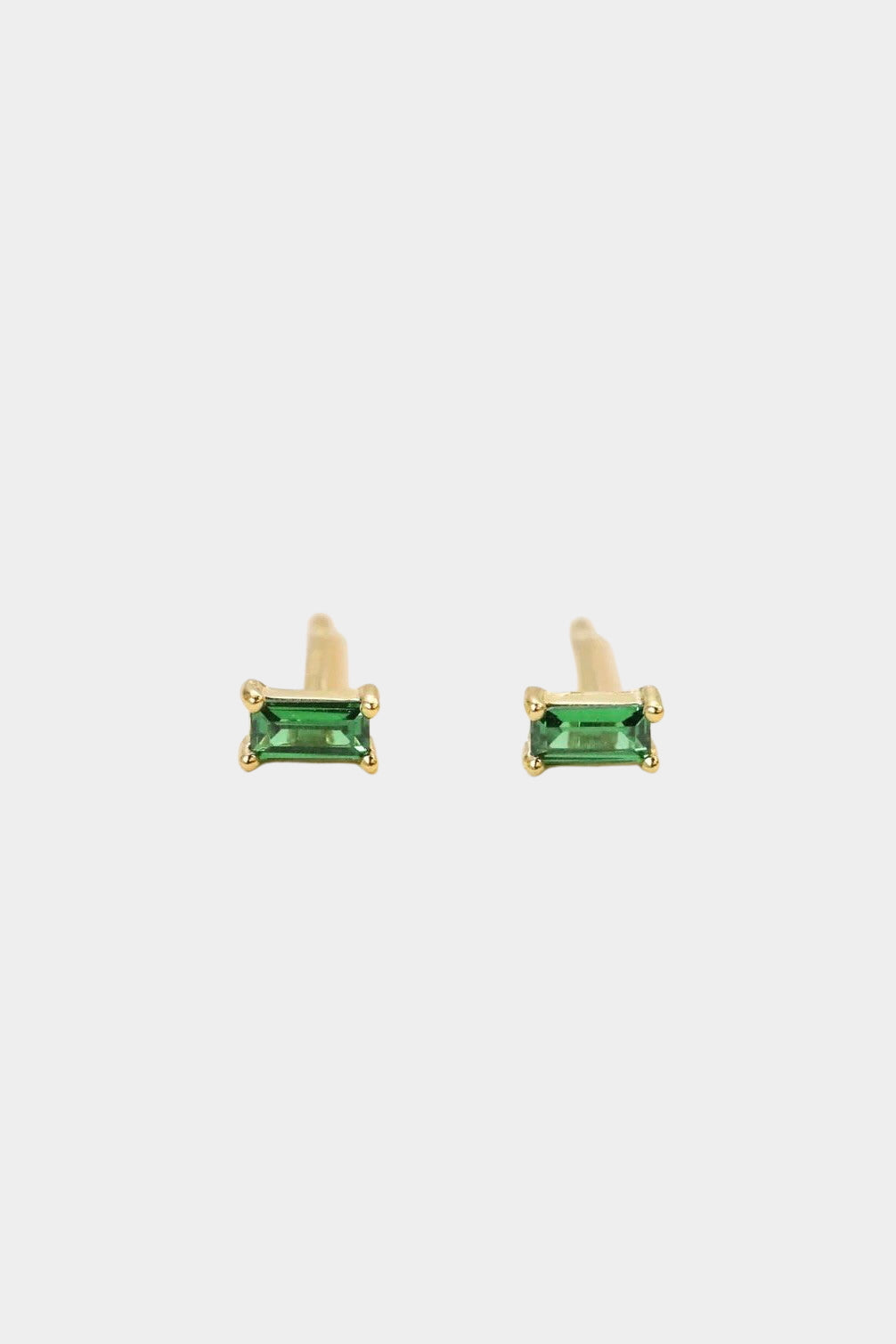 Earrings - YUCCA, emerald colored baguette stud earrings with gold plating and sterling silver posts.