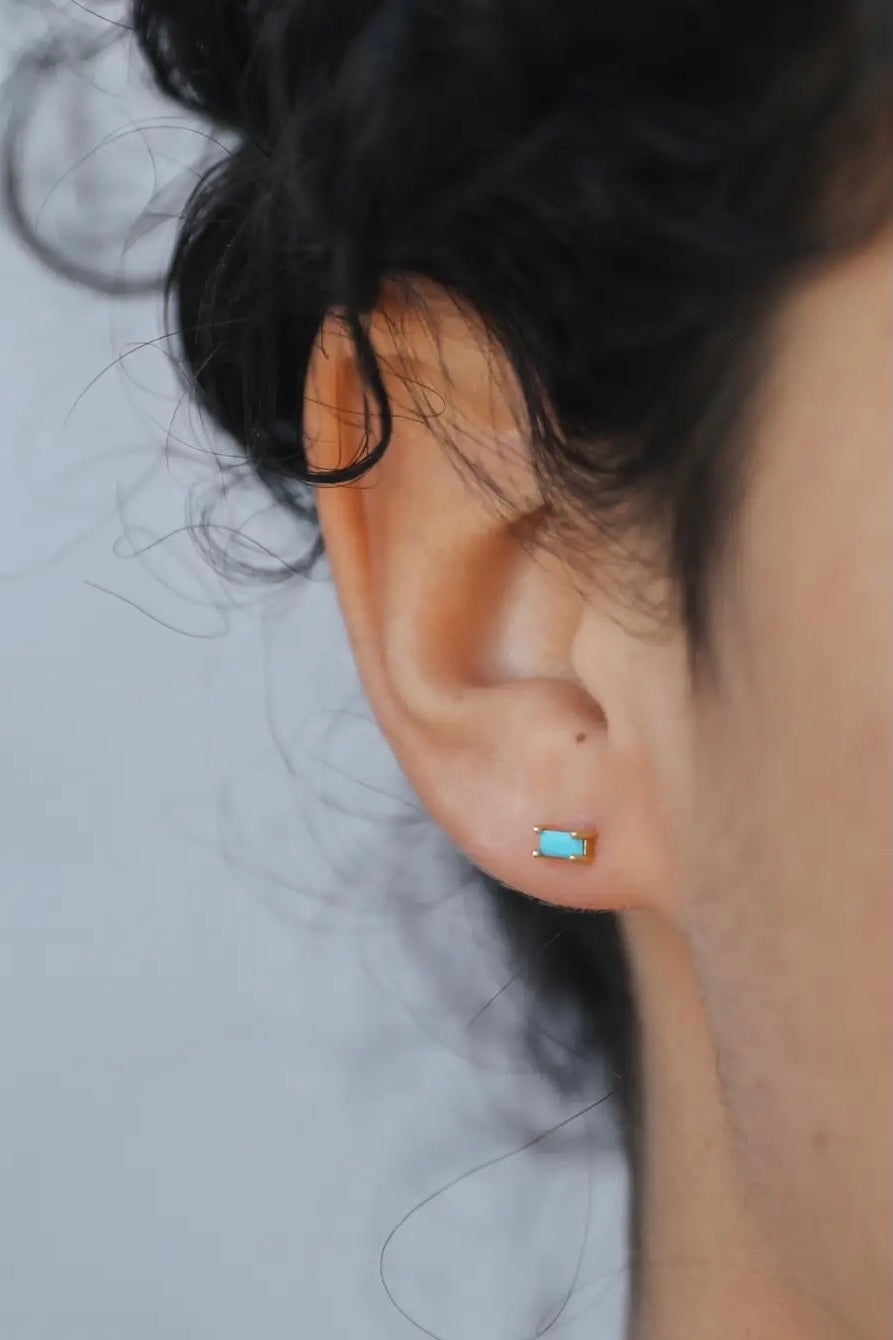 Earrings - YUCCA, turquoise baguette stud earrings with gold plating and sterling silver posts, minimalist jewelry.