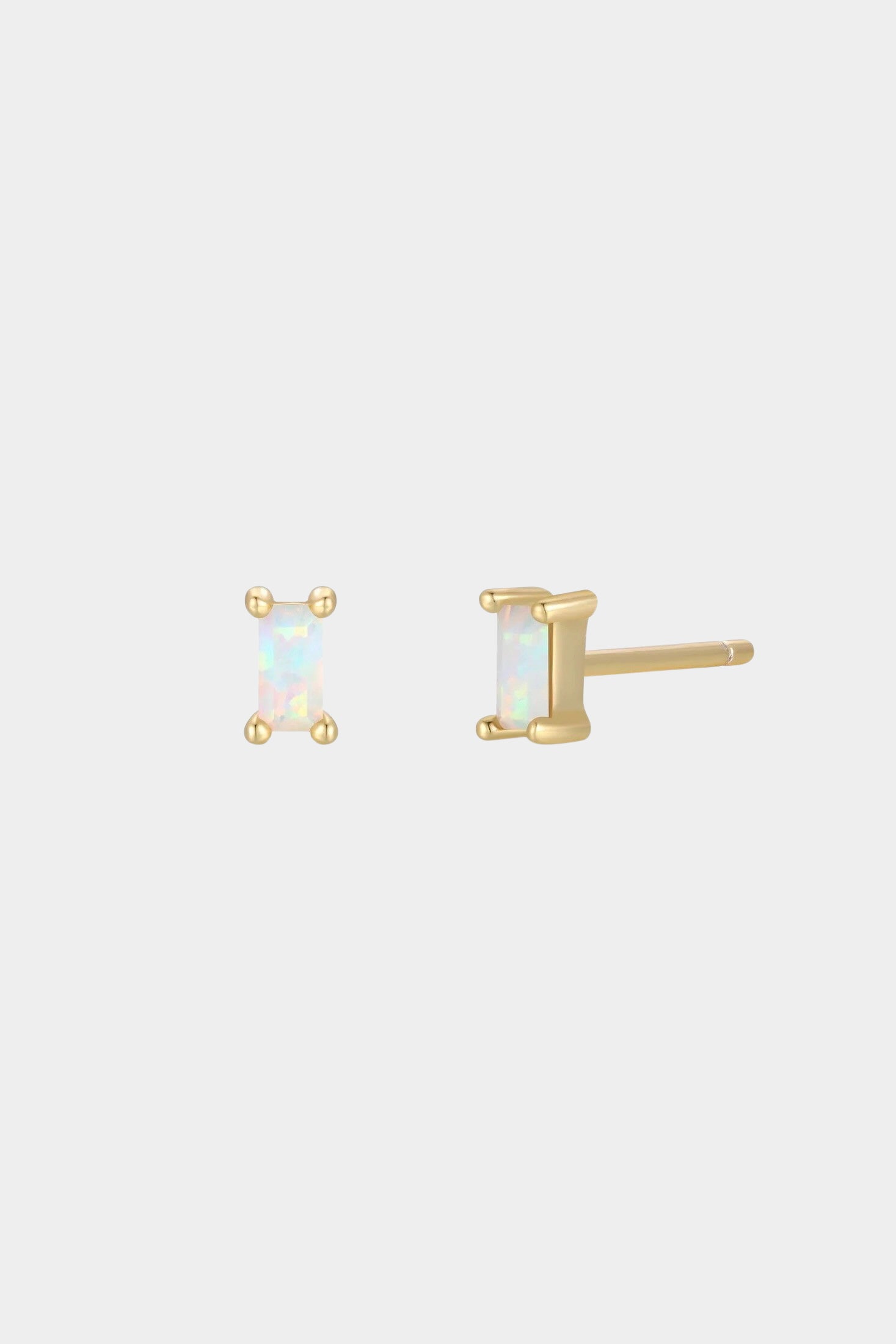 Earrings - YUCCA, white opal baguette stud earrings with gold plating and sterling silver posts, subtle everyday studs.